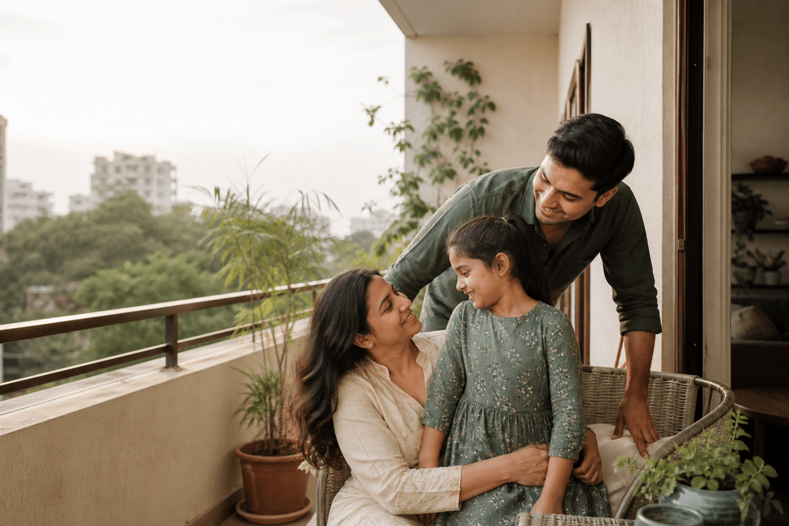 An Indian family sharing a warm moment on a home balcony