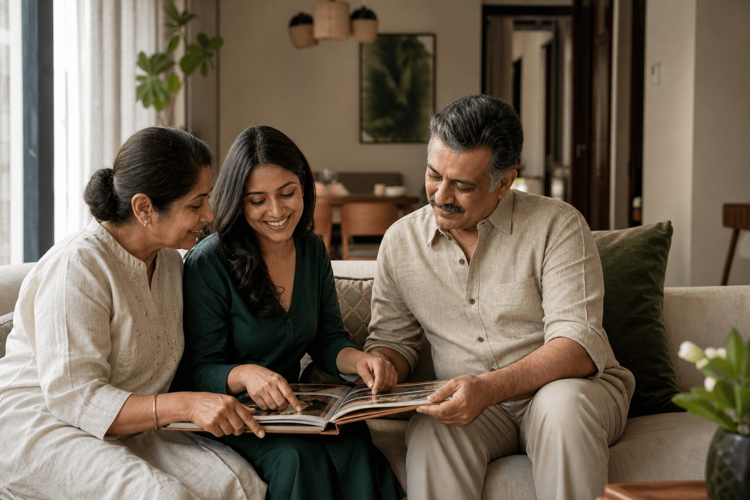 An Indian daughter looking through a family photo album with her parents