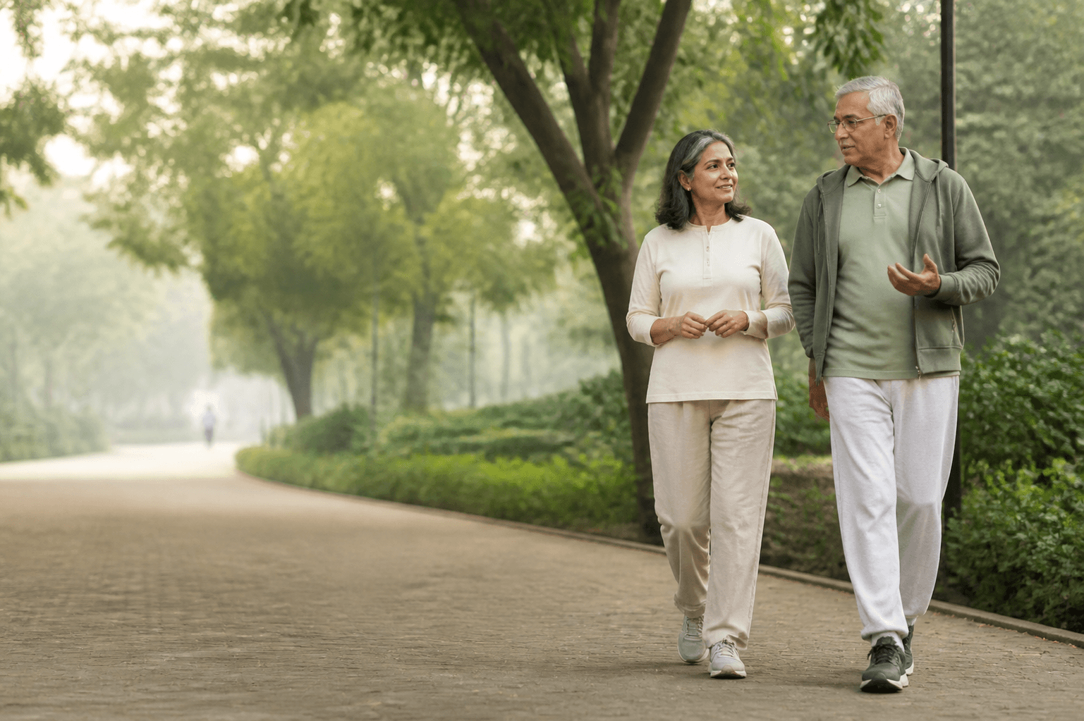 An active Indian senior couple walking together in a green park