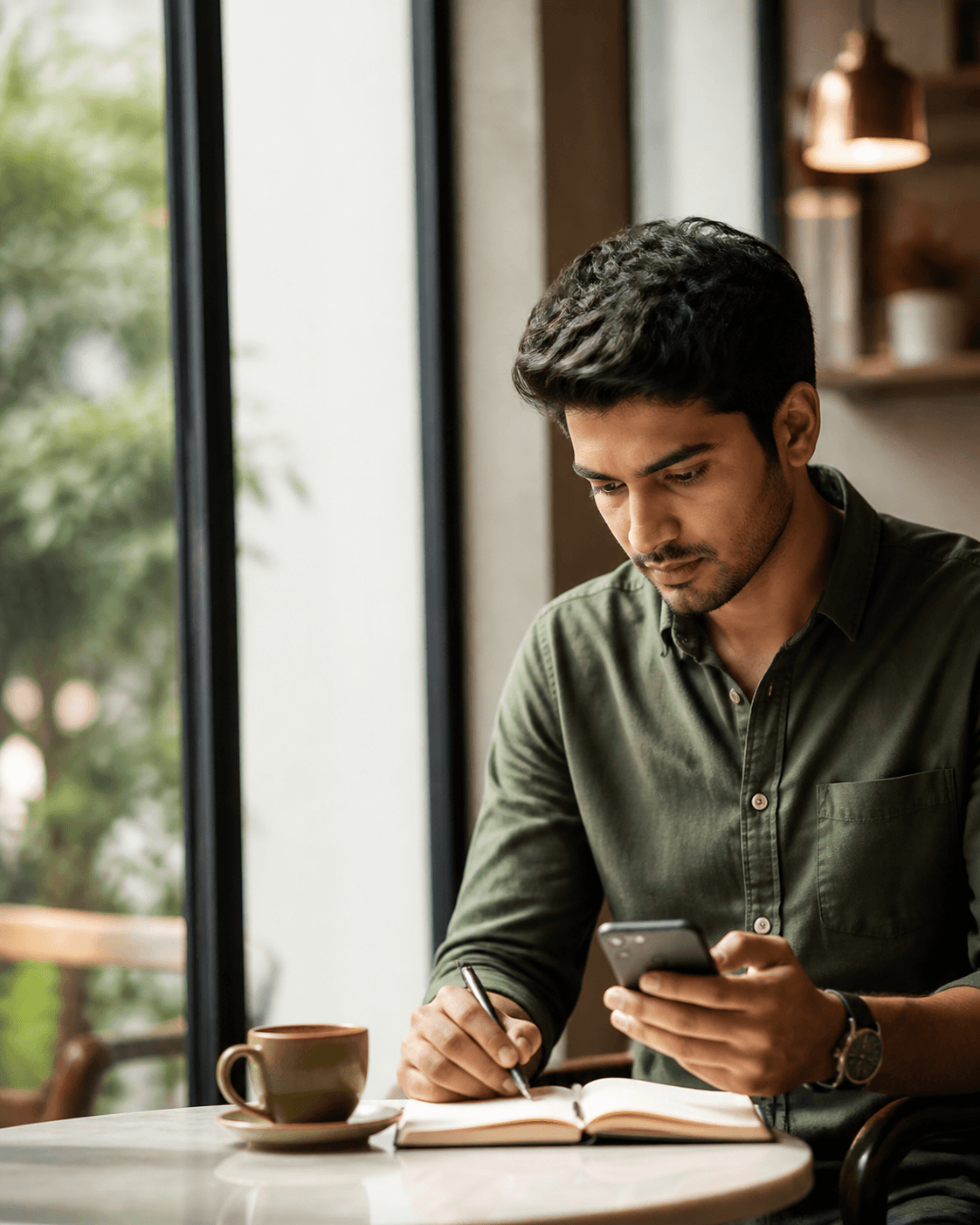 A young Indian professional reflecting over a notebook and phone