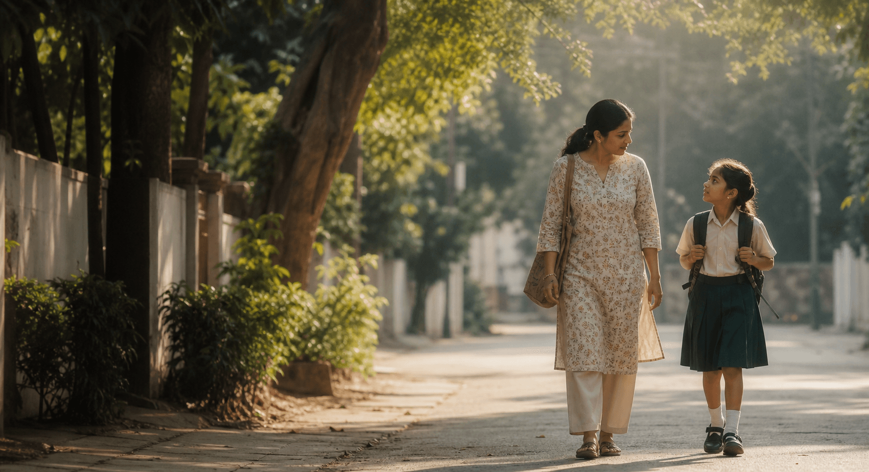 An Indian mother and child walking home from school